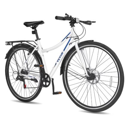 VEVOR Hybrid Bike, Lightweight Aluminum Frame Bike, 700c Wheel Men and Women Hybrid Bicycle, Step-Through Adult Urban City Commuter Bikes with 7-Speed Shimano Drivetrain, Dual Brake, Adjustable Seat