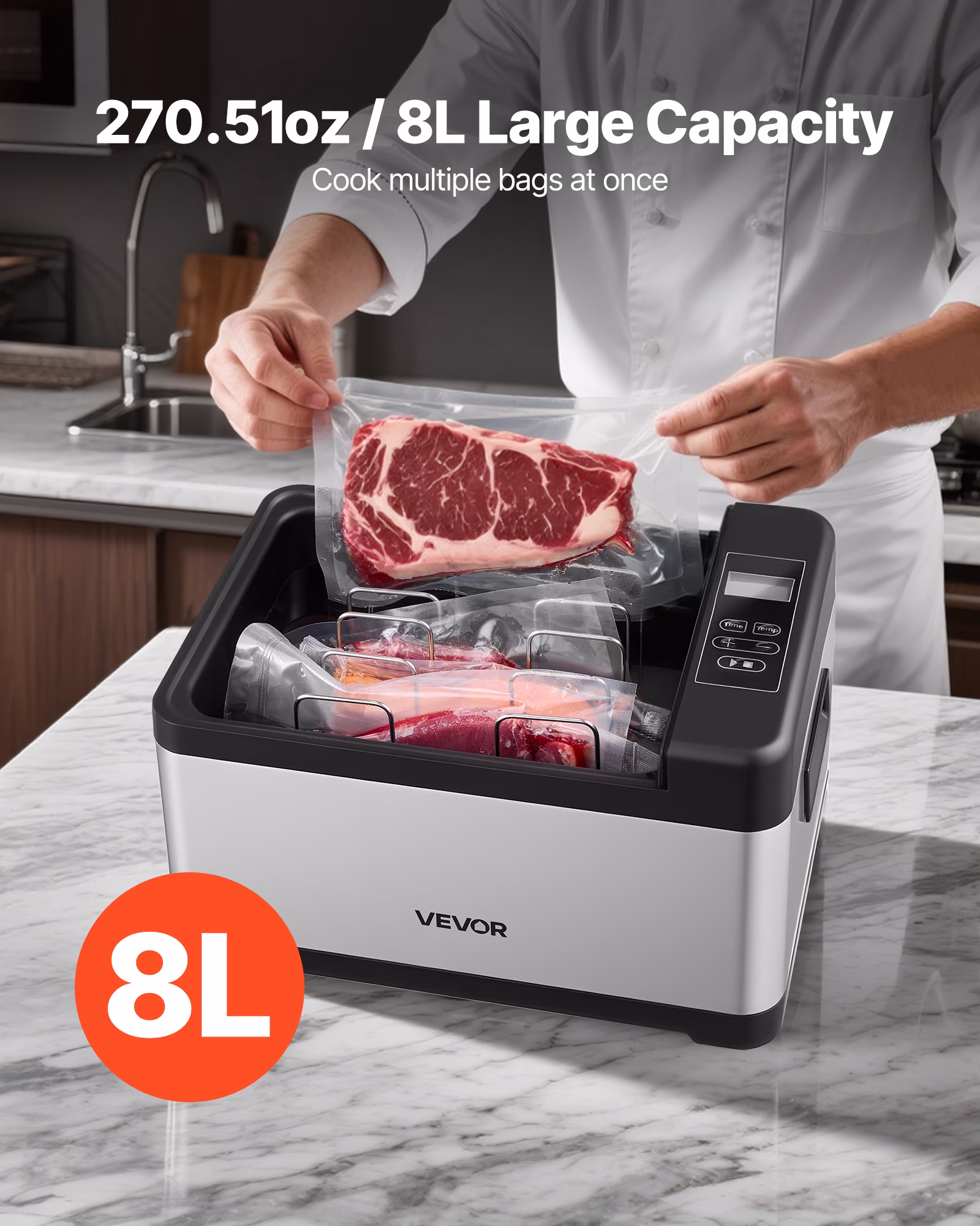 VEVOR Sous Vide Cooker, 800W Sous-Vide Machine, Suveed Cooking Machine with LED Digital Display, Glass Lid, Precise Temperature & Timer Control, for Family & Friends, All-in-One Sous Vide Pot - Image 2