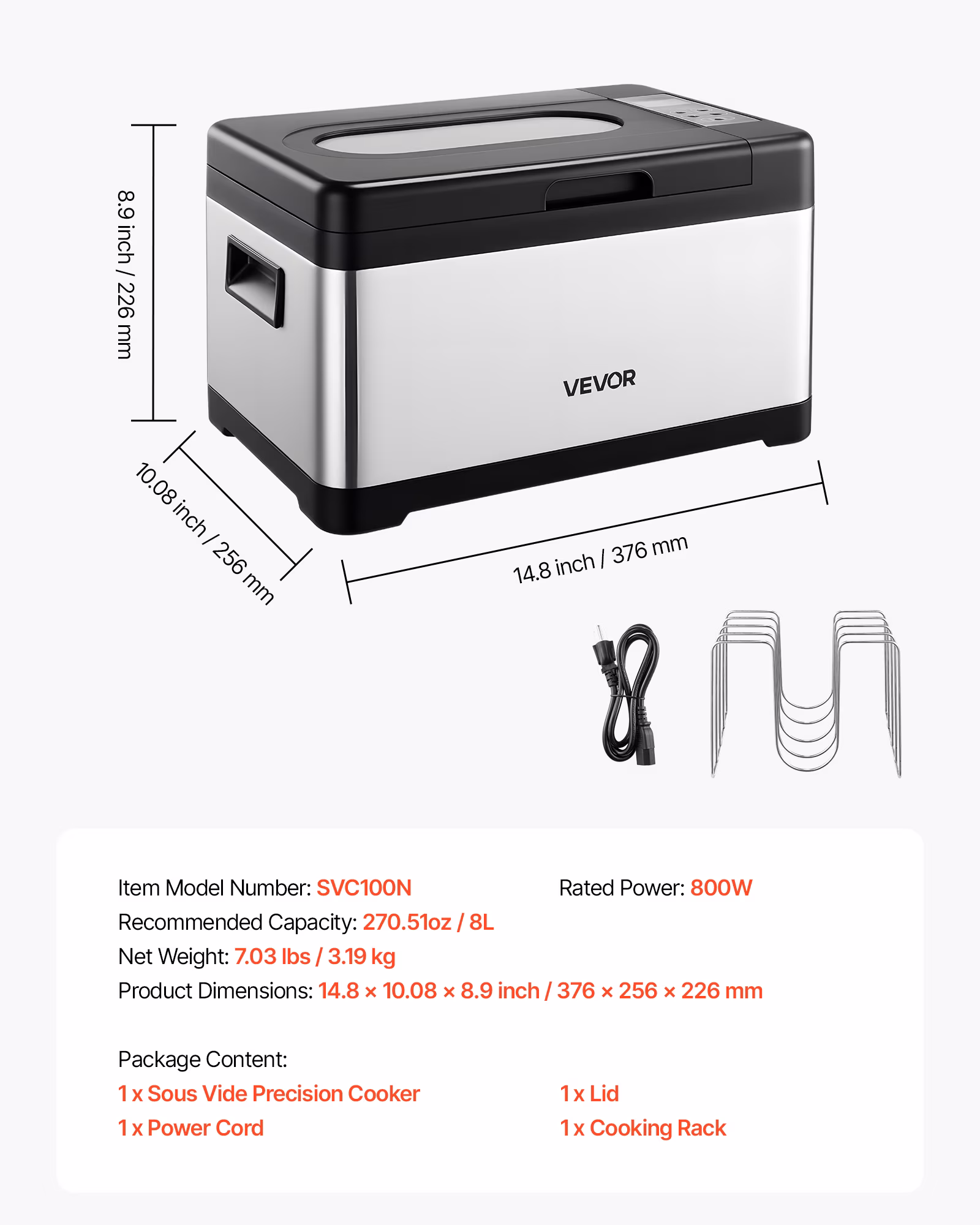 VEVOR Sous Vide Cooker, 800W Sous-Vide Machine, Suveed Cooking Machine with LED Digital Display, Glass Lid, Precise Temperature & Timer Control, for Family & Friends, All-in-One Sous Vide Pot - Image 5