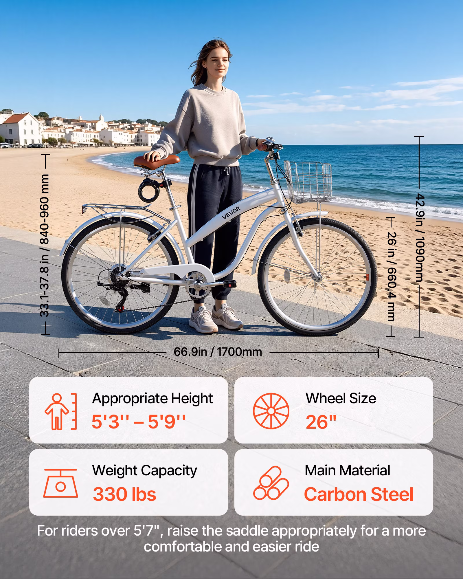 VEVOR Women Bike, 26 in Beach Cruiser Bike, 7-Speed Adult City Bicycle with Carbon Steel Frame, 330 lbs Capacity, Basket, Rear Rack & Dual V-Brakes, White - Image 5