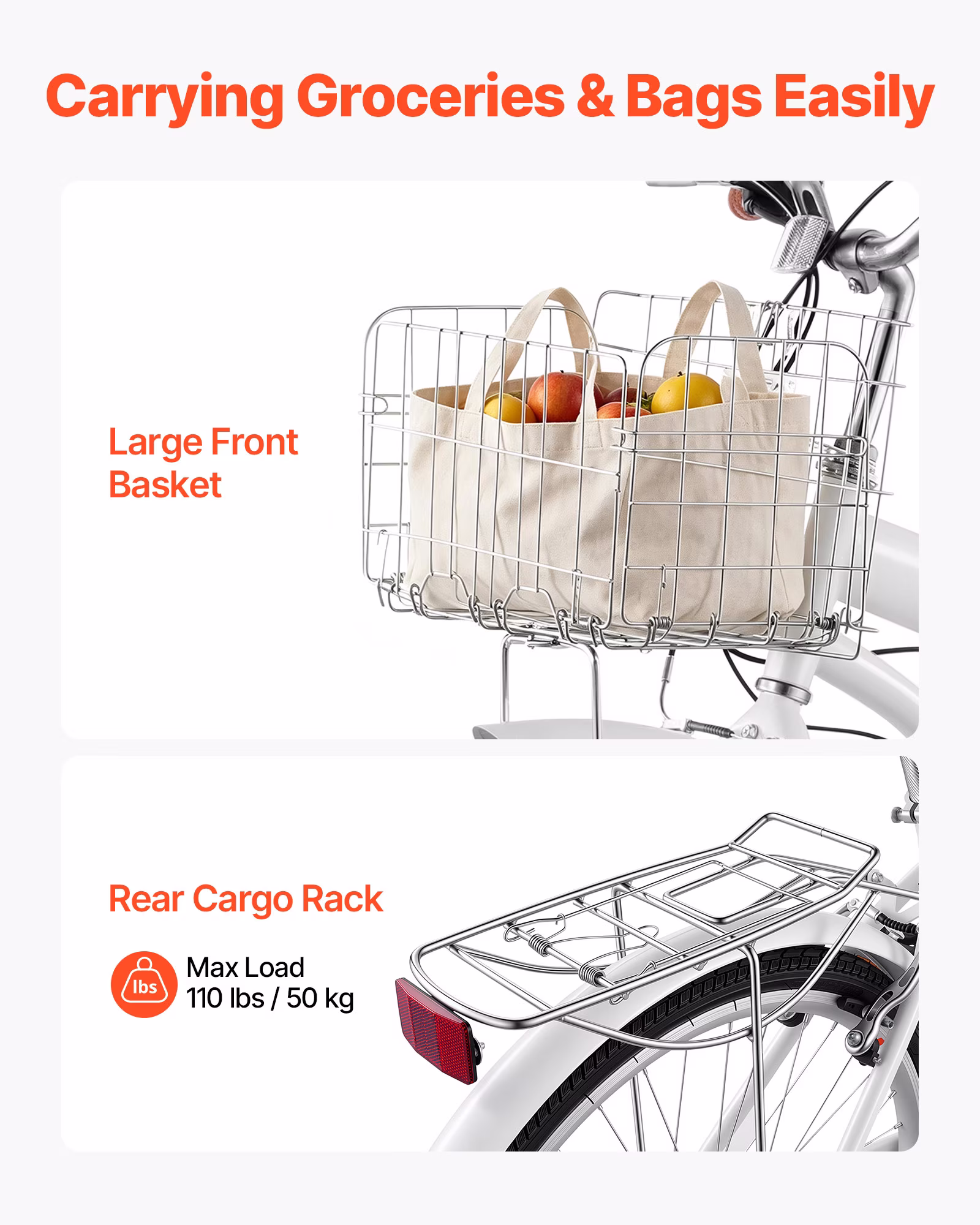 VEVOR Women Bike, 26 in Beach Cruiser Bike, 7-Speed Adult City Bicycle with Carbon Steel Frame, 330 lbs Capacity, Basket, Rear Rack & Dual V-Brakes, White - Image 3