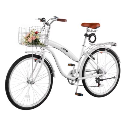 VEVOR Women Bike, 26 in Beach Cruiser Bike, 7-Speed Adult City Bicycle with Carbon Steel Frame, 330 lbs Capacity, Basket, Rear Rack & Dual V-Brakes, White