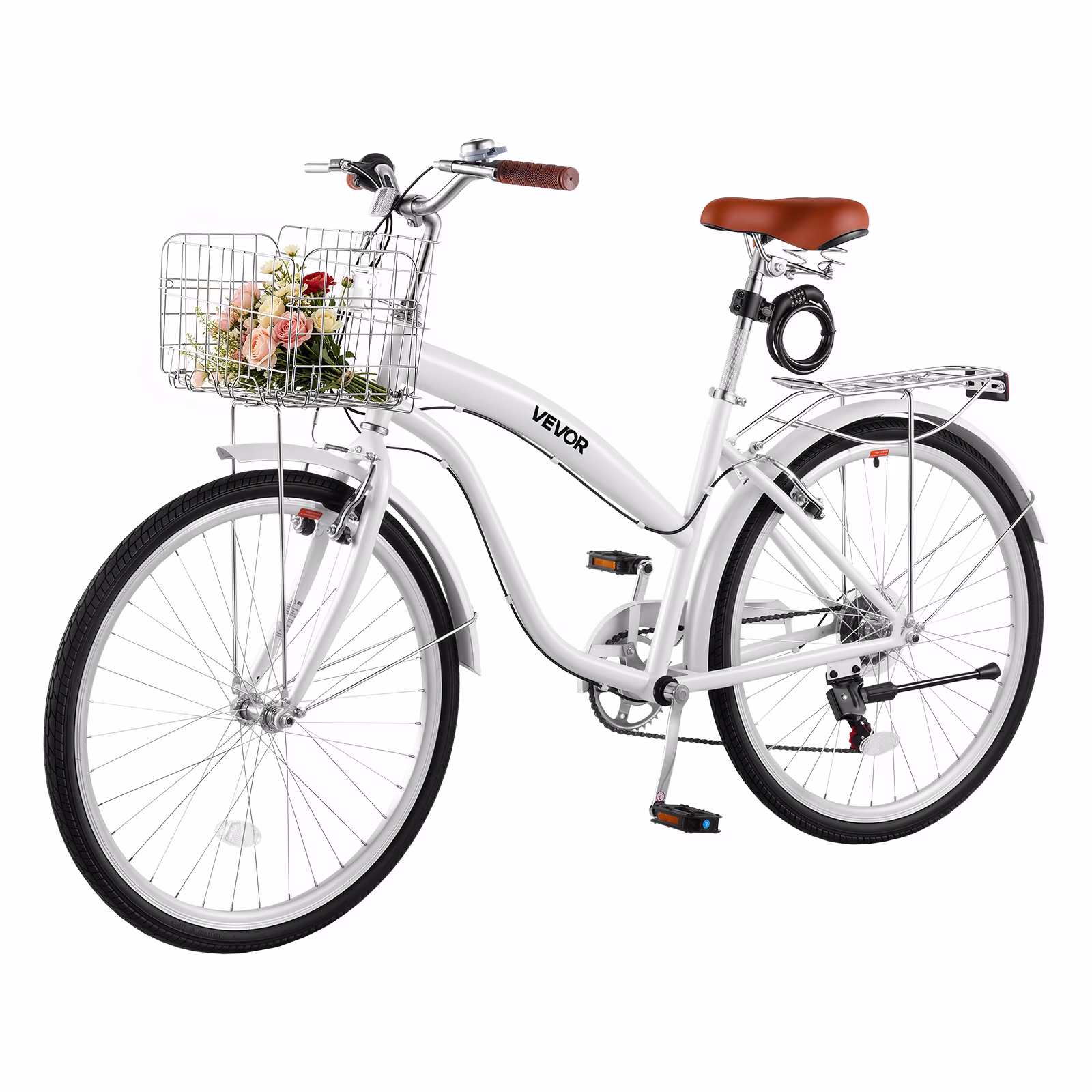VEVOR Women Bike, 26 in Beach Cruiser Bike, 7-Speed Adult City Bicycle with Carbon Steel Frame, 330 lbs Capacity, Basket, Rear Rack & Dual V-Brakes, White