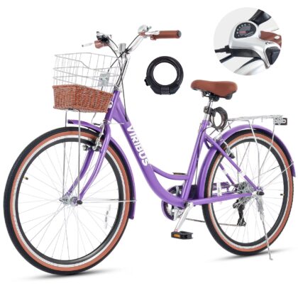 VIRIBUS 24" Beach Cruiser Bike for Women, City Cruiser Bicycle with 7 Speed Basket Purple