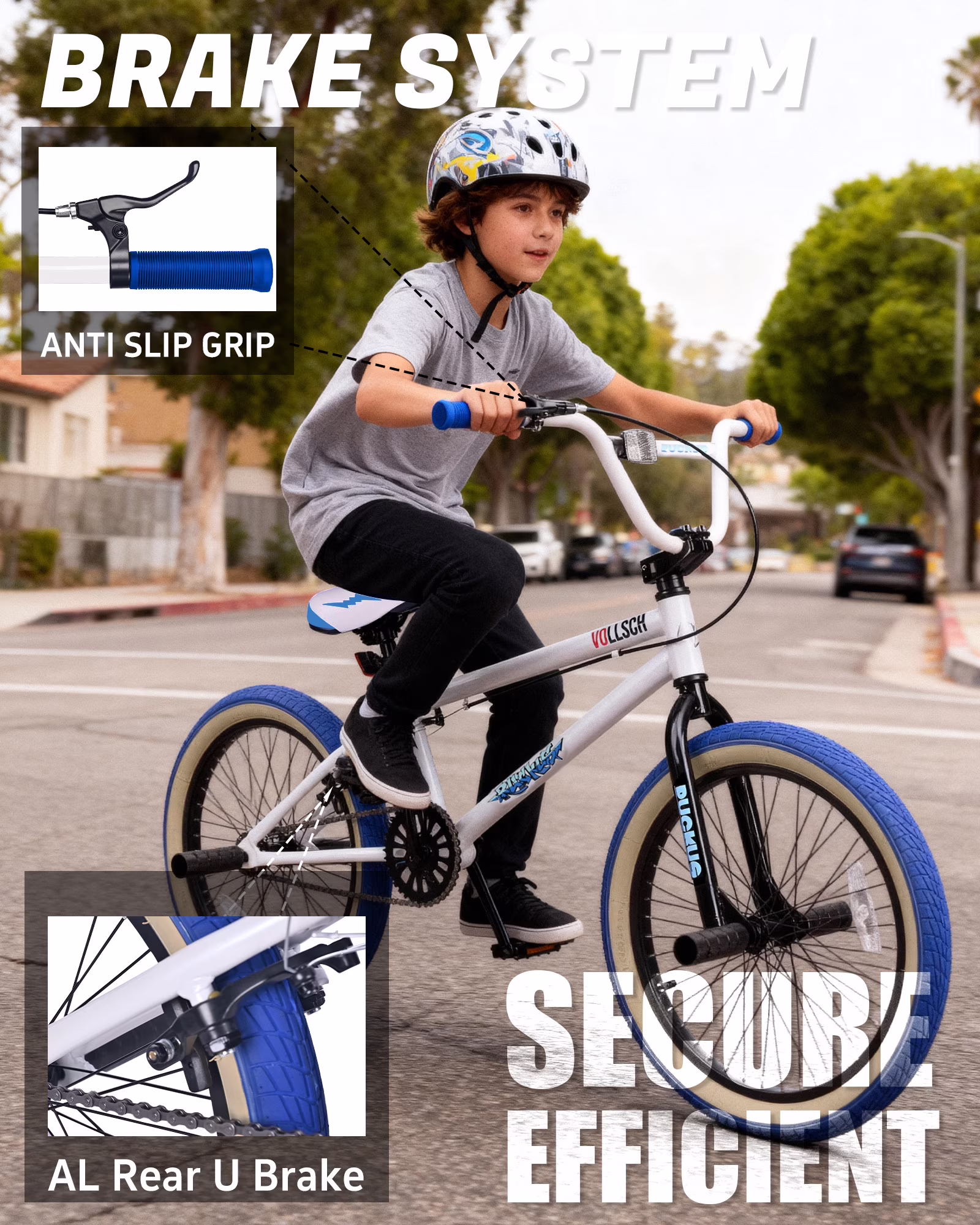 Vollsch Freestyle BMX Bikes 20 Inch Kids Bicycle for 8-15 Years Old Teens, Boys, Girls, Beginner-Lever Riders, White with Blue Tires - Image 2