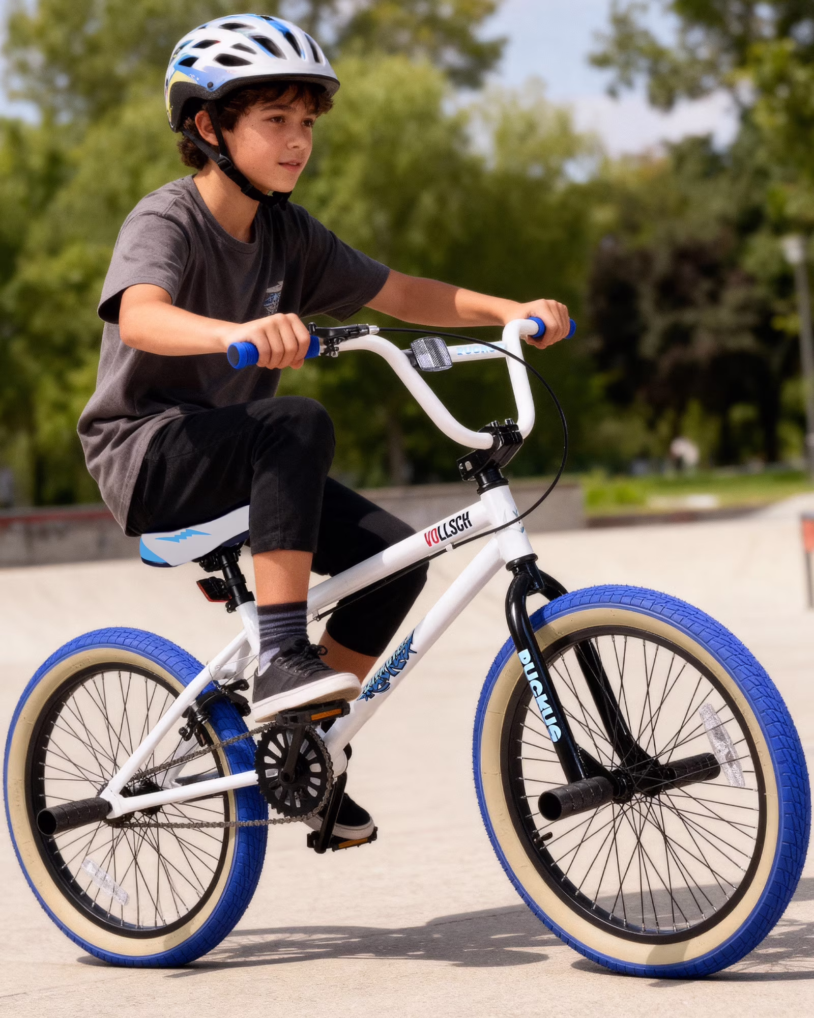 Vollsch Freestyle BMX Bikes 20 Inch Kids Bicycle for 8-15 Years Old Teens, Boys, Girls, Beginner-Lever Riders, White with Blue Tires - Image 3