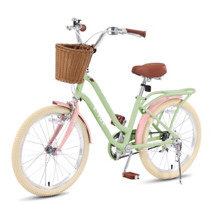 WARAYZ 20 Inch Girls Bike for Ages 6-12, Kids Bicycle with Basket, Adjustable Seat, Dual Brakes, Green