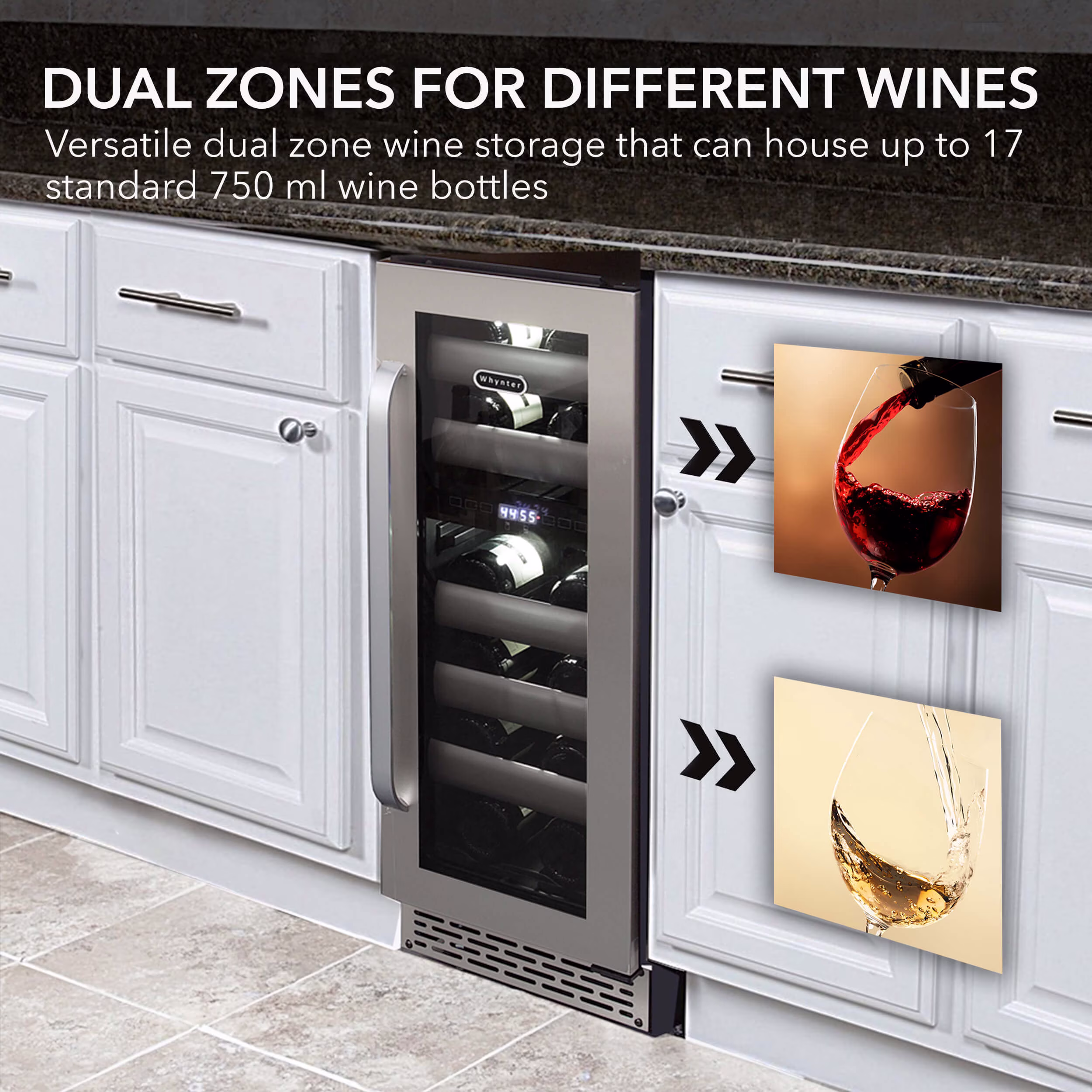 Whynter BWR-171DS Elite 12" 17 Bottle Seamless Stainless Steel Door Dual Zone Built-in Wine Refrigerator - Image 4