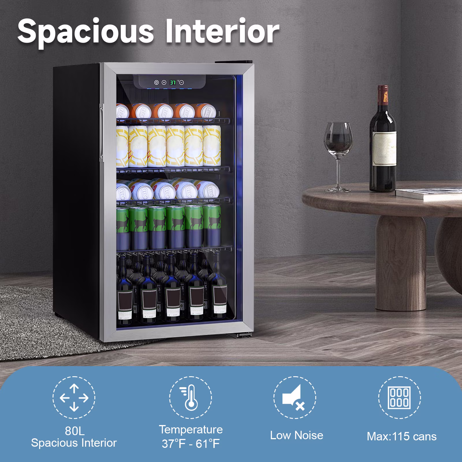 Winfire 3.1 Cu.Ft Beverage Mini Fridge, Holds up to 110 Cans, Glass Door Small Beverage Cooler, Silver for Home Bar, Bedroom & Office Use - Image 4