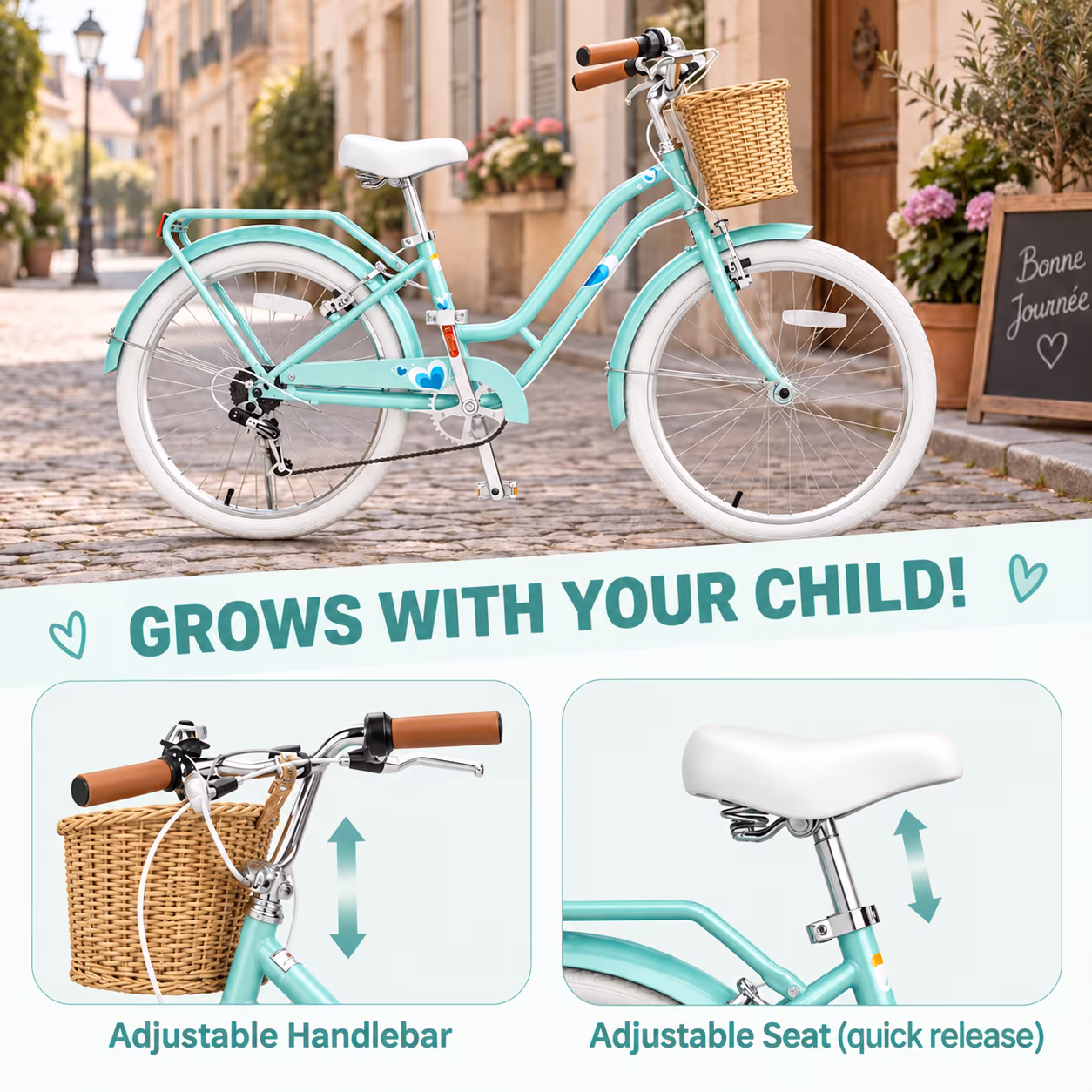 XJD 24 inch Girl Cruiser Kids Bike 7-Speed Shimano shifter lever,Aluminum V-brakes,Teen City Bicycle 20/24inch with Rack&Wicker Basket For Ages 7-14 Years Old, Green - Image 2