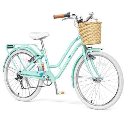XJD 24 inch Girl Cruiser Kids Bike 7-Speed Shimano shifter lever,Aluminum V-brakes,Teen City Bicycle 20/24inch with Rack&Wicker Basket For Ages 7-14 Years Old, Green