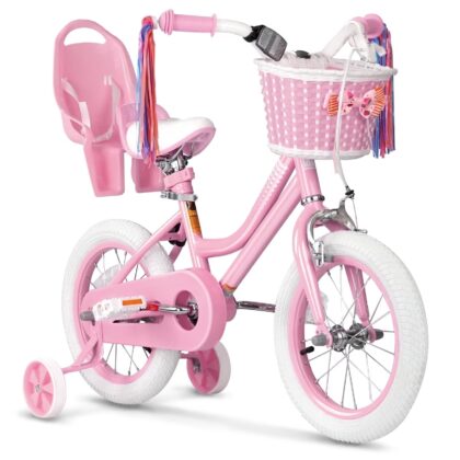 XJD Girls Bike for Toddlers 3-9 Years Old Kids, 14 inch Kids Bike with Training Wheels, Streamers, Basket and Doll Seat, Children Bicycles with Handbrake
