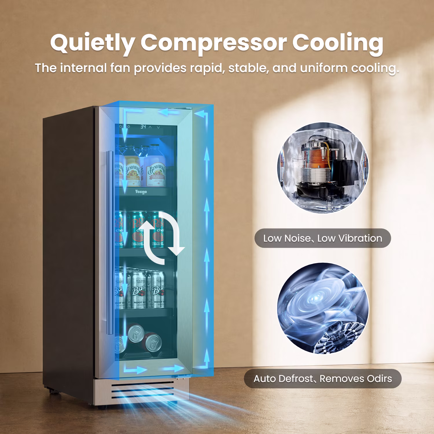 Yeego 12 Inch Beverage Refrigerator, 60‑Can Compact Beverage Cooler with Glass Door, Under Counter Drink Fridge, Built‑in or Freestanding for Kitchen, Bar or Office - Image 4