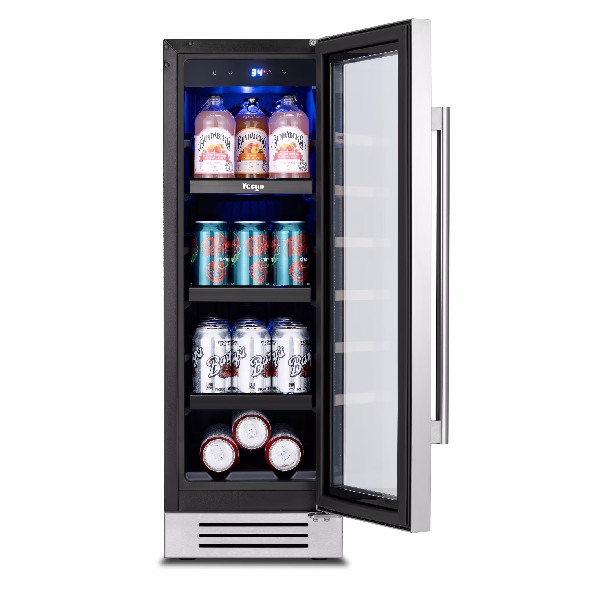 Yeego 12 Inch Beverage Refrigerator, 60‑Can Compact Beverage Cooler with Glass Door, Under Counter Drink Fridge, Built‑in or Freestanding for Kitchen, Bar or Office