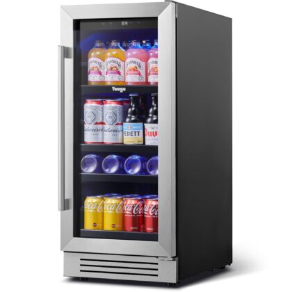 Yeego 15" Beverage Refrigerator Cooler, 100 Cans Beverage Fridge Under Counter Built-in or Freestanding with Glass Door for Bottles Cans Beer/Soda/Water