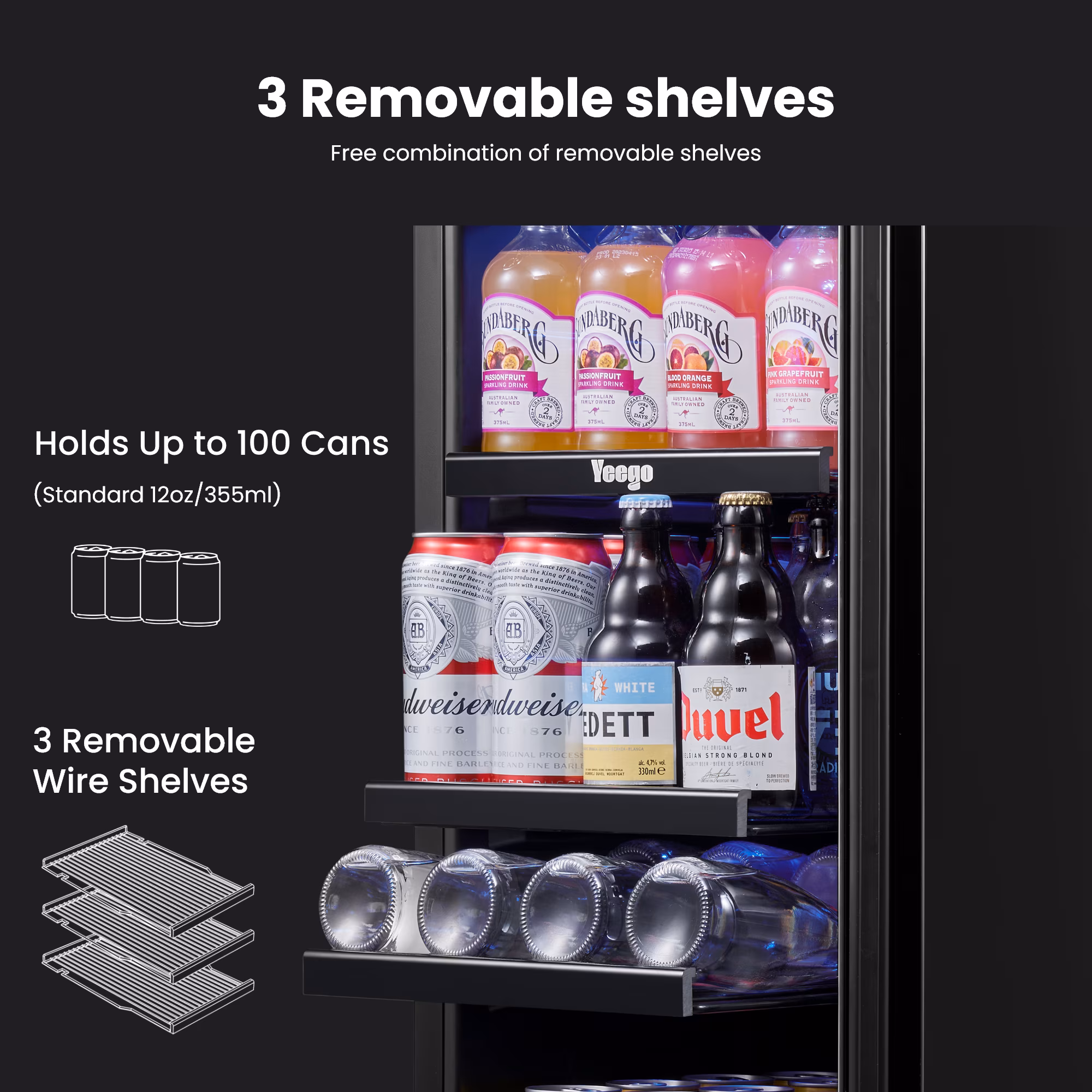 Yeego 15 inch Beverage Refrigerator, Built-in or Freestanding, 100 Cans Cooler with Glass Door - Image 3