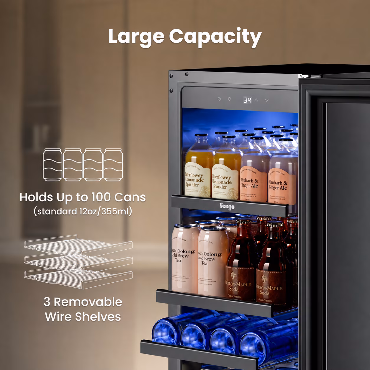 Yeego 15 Inch Beverage Refrigerator Cooler - 100 Cans Mini Fridge with Glass Door, 34-54 ℉ Drink Cooler, Built-in or Freestanding - Image 3