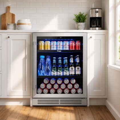Yeego 24 Inch Beverage Refrigerator, 180 Cans Drink Fridge, Built‑in Freestanding Under Counter Beverage Cooler with Glass Door, 34‑54°F for Beer Soda Wine