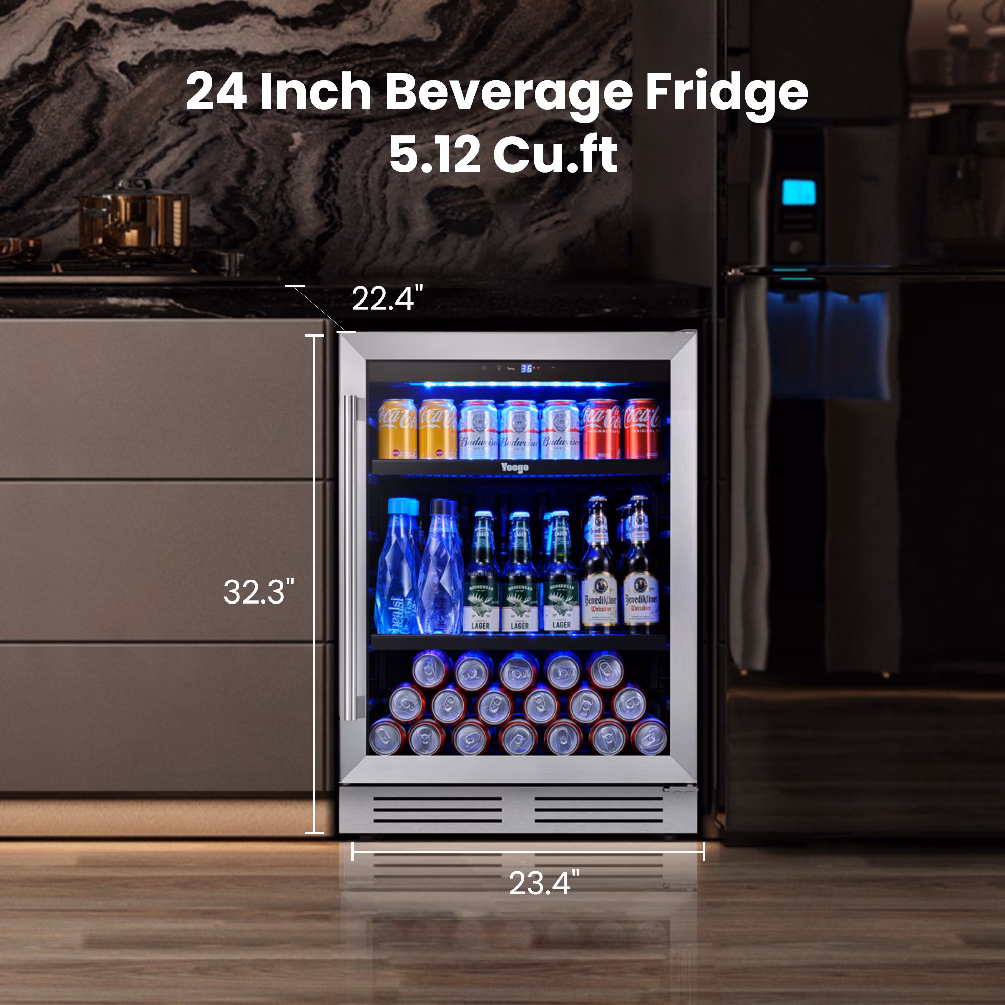 Yeego 24-Inch Beverage Refrigerator, Built-In or Freestanding Beverage fridge, Up to 180 Cans, Glass Door Mini Fridge for Soda, Beer - Image 3