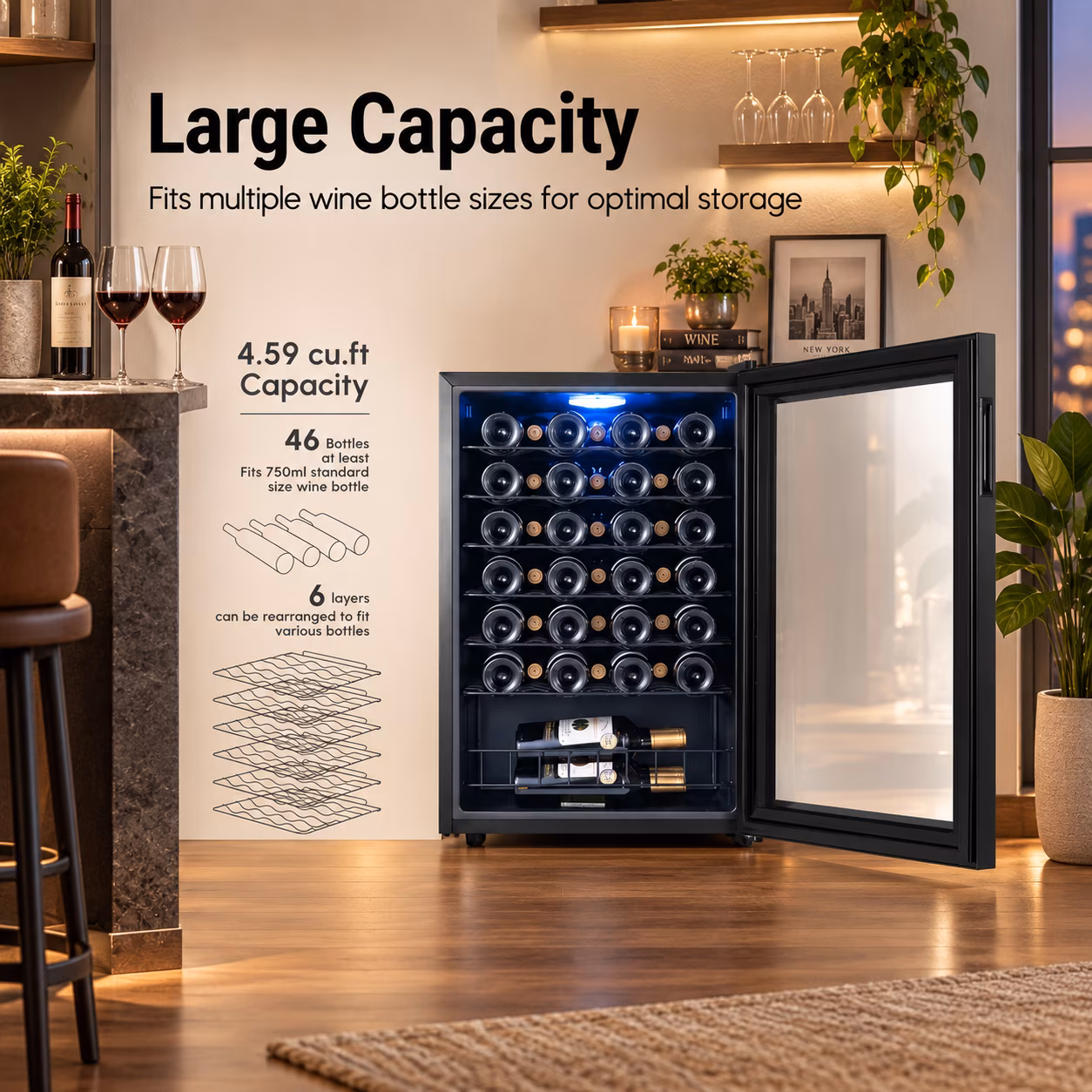 Yeego 3.1 cu.ft Wine Fridge, 28 Bottles Wine Cooler Refrigerator, 38-65℉ Freestanding Mini Fridge with Glass Door, Freestanding/Under Counter Wine Cooler - Image 3