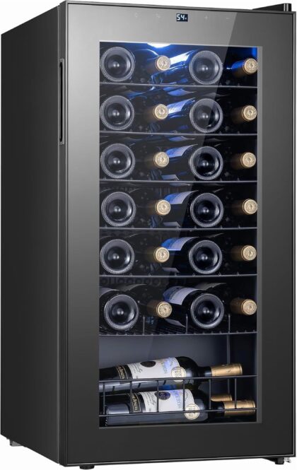 Yeego 3.1 cu.ft Wine Fridge, 28 Bottles Wine Cooler Refrigerator, 38-65℉ Freestanding Mini Fridge with Glass Door, Freestanding/Under Counter Wine Cooler