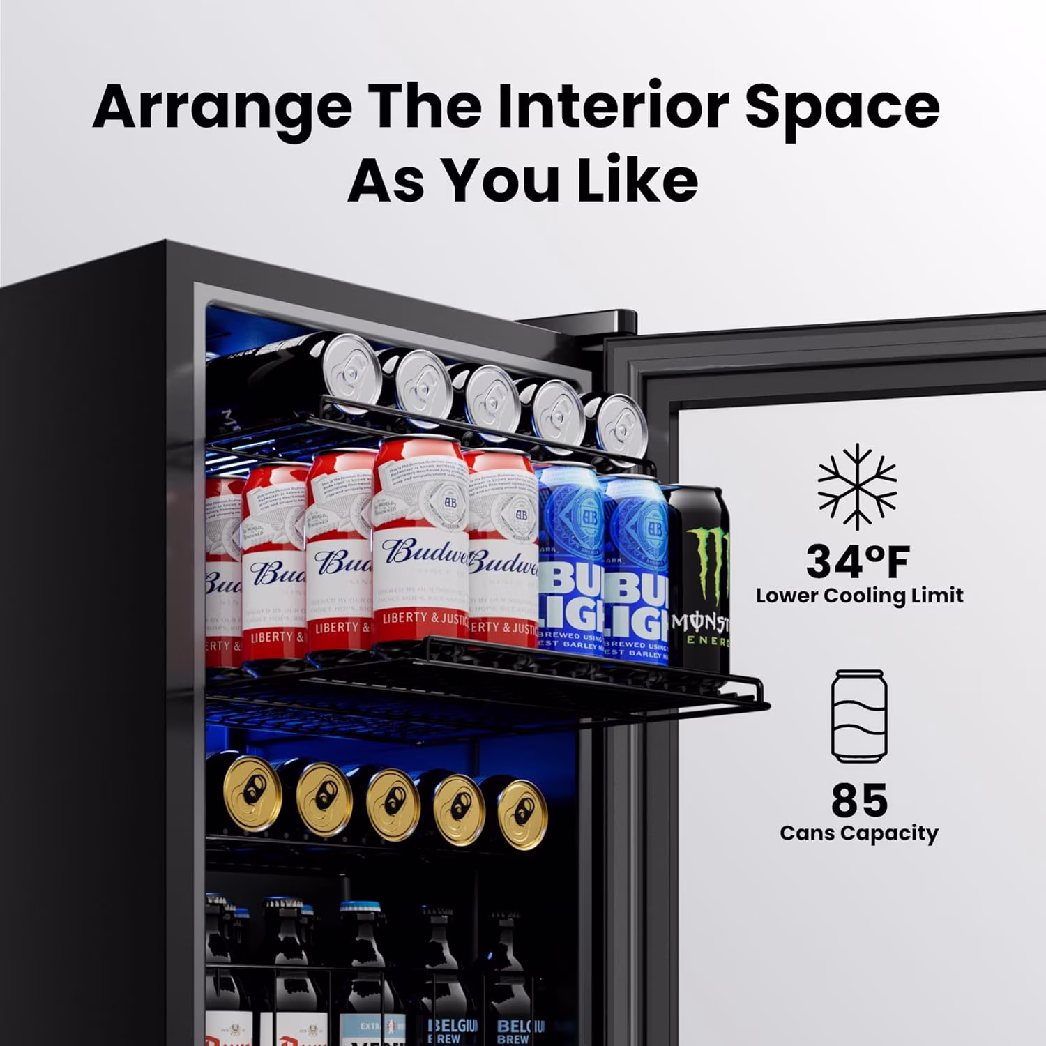 Yeego 85 Can Beverage Refrigerator Cooler, 2.18 cu.ft. Beverage Fridge with Glass Door for Home/Bar/Office, Black - Image 2