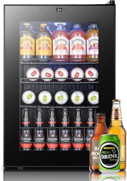 Yeego 85 Can Beverage Refrigerator Cooler, 2.18 cu.ft. Beverage Fridge with Glass Door for Home/Bar/Office, Black