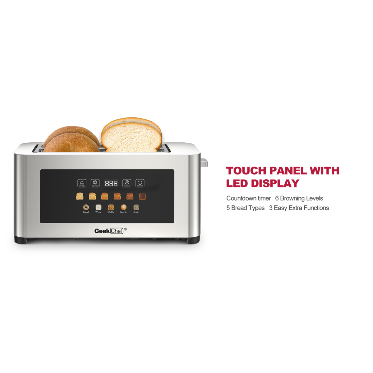 YINGYUE 4-Slice Stainless Steel Toaster with Extra Wide Slots, LED Touch Display Toaster, Auto Shut Off Anti-Jam Countertop Bread Toaster with Cord Storage, Silver Modern Kitchen Appliance - Image 5
