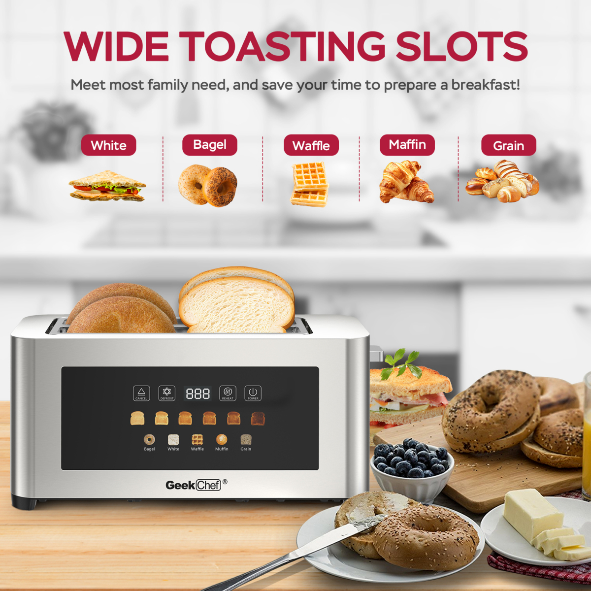YINGYUE 4-Slice Stainless Steel Toaster with Extra Wide Slots, LED Touch Display Toaster, Auto Shut Off Anti-Jam Countertop Bread Toaster with Cord Storage, Silver Modern Kitchen Appliance - Image 4