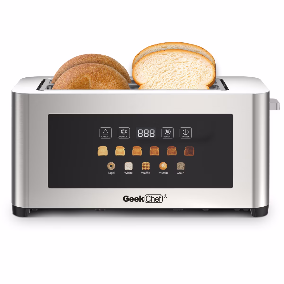 YINGYUE 4-Slice Stainless Steel Toaster with Extra Wide Slots, LED Touch Display Toaster, Auto Shut Off Anti-Jam Countertop Bread Toaster with Cord Storage, Silver Modern Kitchen Appliance