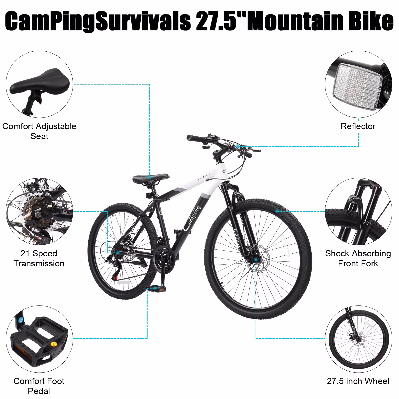 Zimtown 26/27.5 inch Mountain Bike Aluminum Alloy Frame, 21 Speed Outdoor Cycling Bike, Double Disc Brake, Black White - Image 2