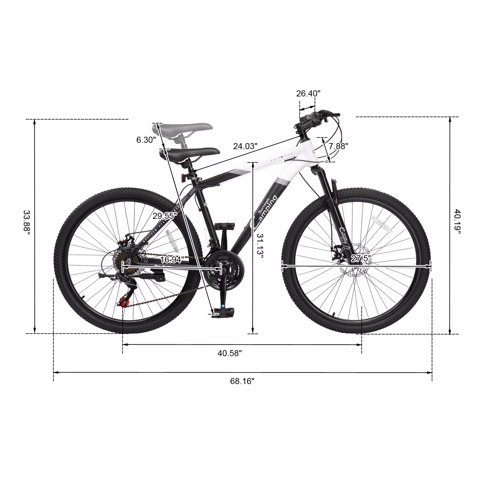 Zimtown 26/27.5 inch Mountain Bike Aluminum Alloy Frame, 21 Speed Outdoor Cycling Bike, Double Disc Brake, Black White - Image 3