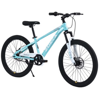 ZUKKA 24 Inch Mountain Bike for Boys and Girls Ages 9-12, Single Speed Kids Bike with Suspension Fork and Double Disc Brakes, Adjustable Seat and Handlebar MTB for All Terrain Riding, Cyan